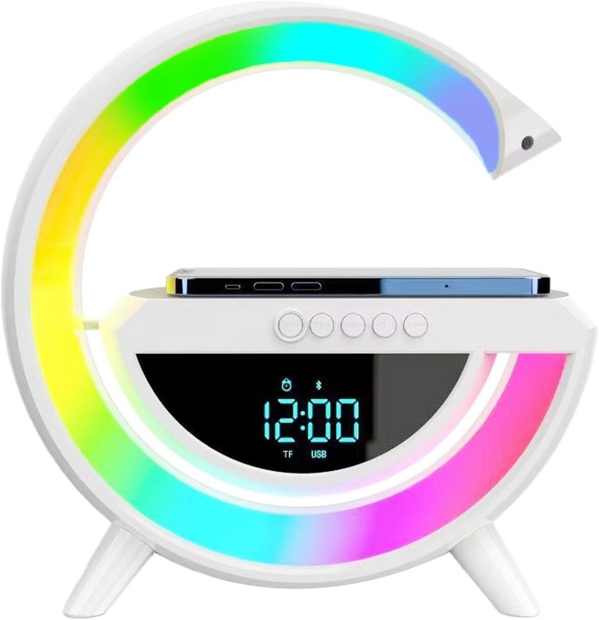Lampada LED RGB Orologio/Radio FM/Bluetooth/AUX/scheda SD e ricarica wireless WB266 