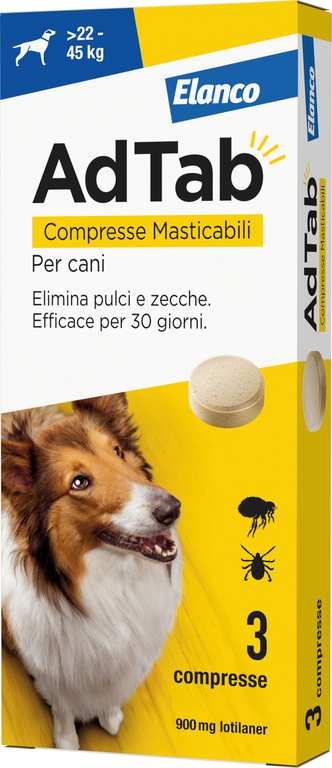 Elanco ANTIPARASSITARIO COMPRESSA MASTICABILE AdTab x cani 22÷45 kg. (cf. 3 compr. da 900 mg) FV56917 Elanco