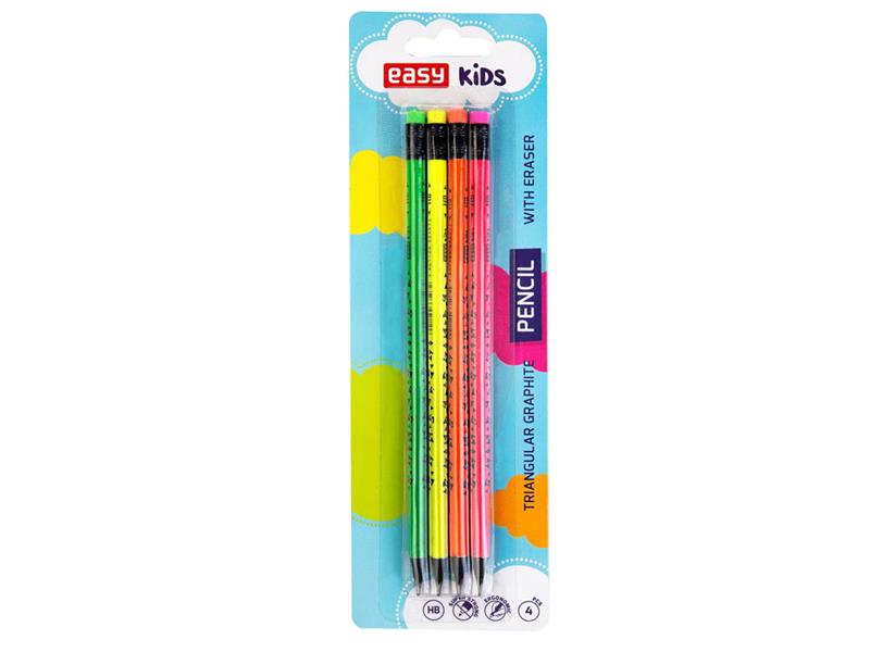 Pencils triangular EASY Fluo wooden with rubber 4pcs TI6426736 EASY