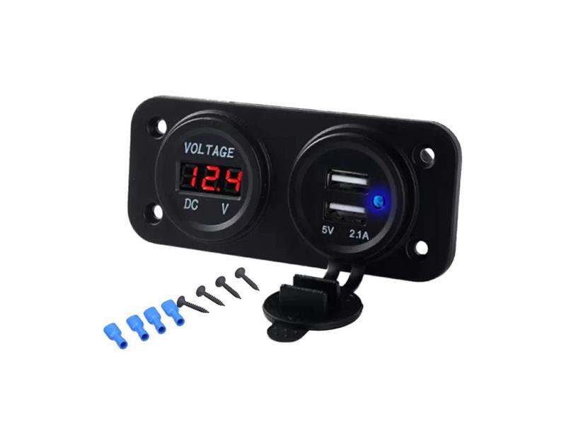 Car voltmeter HADEX R003 + 2x USB socket, panel TI7750202 HADEX