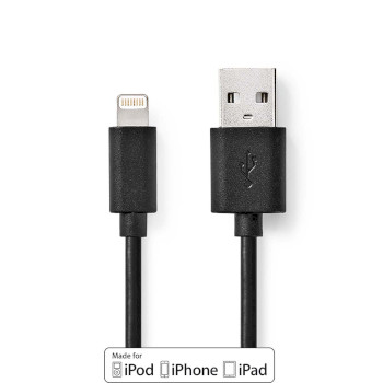 Lightning Cable | USB 2.0 | Apple Lightning 8-Pin | USB-A Male | 480 Mbps | Nickel Plated | 1.00 m | Round | PVC | Black | Box NECCGB39300BK10 Nedis