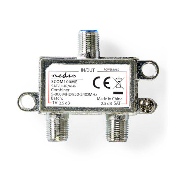Satellite Combiner | 5-862 MHz | 950-2400 MHz | 75 Ohm | Power pass | Zinc | Silver NESCOM100ME Nedis