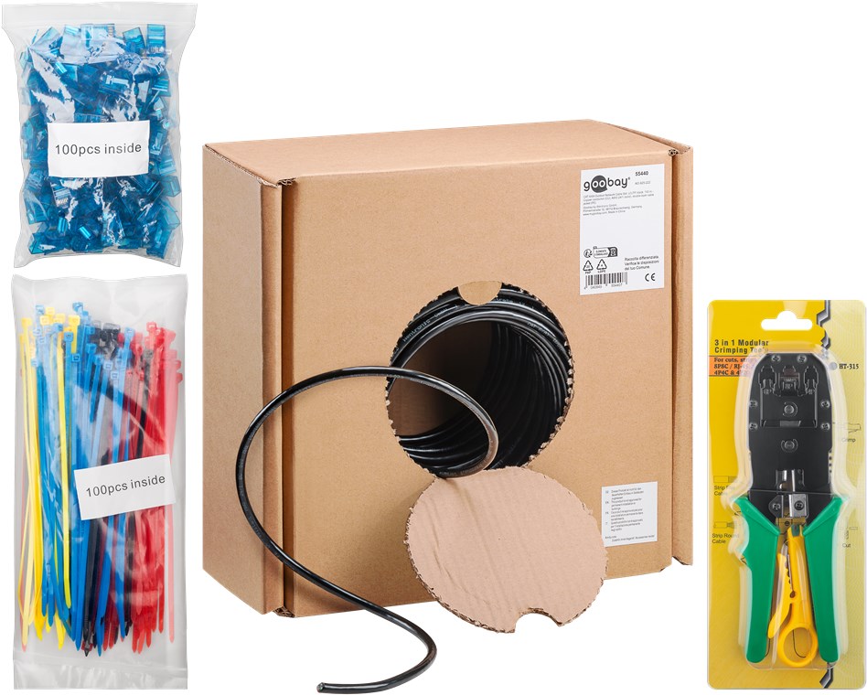 Set cavi di rete per esterni CAT 6A, U/UTP, nero WE55440 Goobay