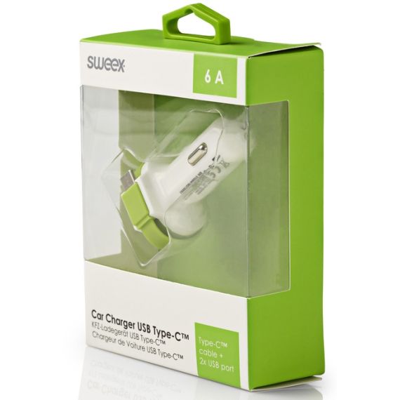 Caricabatteria per Auto 3-Outputs 6A 2xUSB/USB-C™ Bianco/Verde ND9242 Sweex