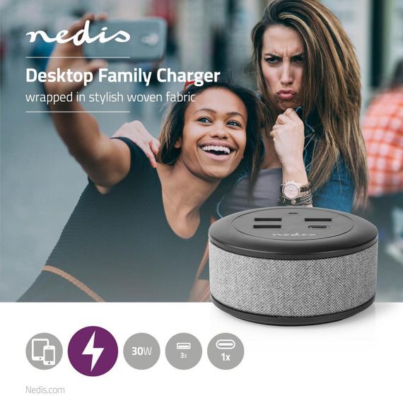 Caricabatterie da muro/scrivania ricarica rapida USB-C™/3xUSB-A 30W 1x3A/3x2.1A ND1261 Nedis