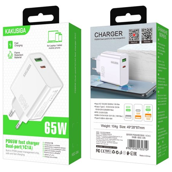Alimentatore caricabatterie doppia porta USB/type C 3.25A 65W KSC-934 N050 Kakusiga