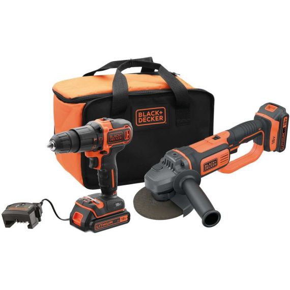 Black+Decker KIT TRAPANO AVVITATORE PERCUSSIONE+SMERIGLIATRICE BCK24D2S-QW 18V 2 batterie 2,0 Ah FV56235 Black + Decker