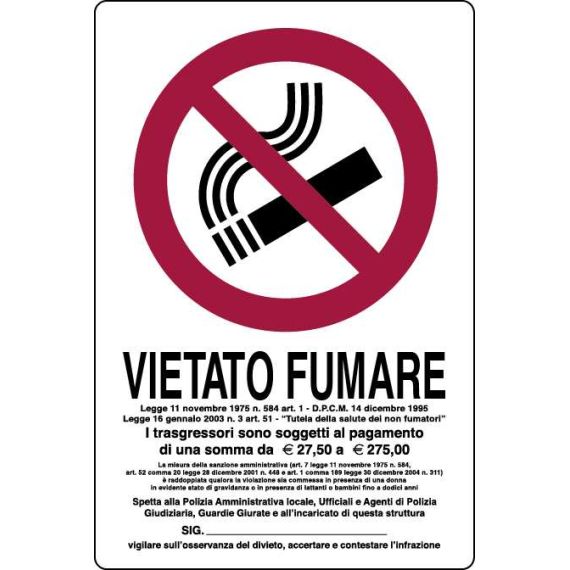 CARTELLO SEGNALETICO VIETATO FUMARE CON LEGGE  cm. 20x30 FV20022 