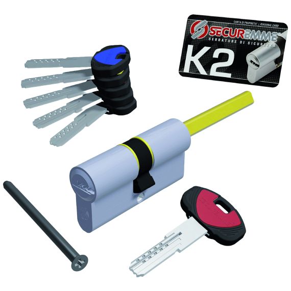 Securemme CILINDRO CROMO SATINATO K2 CON CODOLO 5 chiavi mm. 65 (30+35) FV55134 Securemme