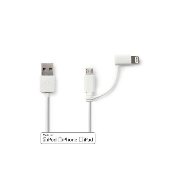 2-in-1 Cable | USB 2.0 | USB-A Male | Apple Lightning 8-Pin / USB Micro-B Male | 480 Mbps | 1.00 m | Nickel Plated | Round | PVC | White | Polybag NECCGP39400WT10 Nedis