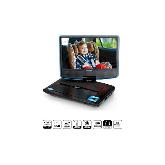 Portable 9" DVD player with USB headphones and mounting bracket Blue / Black NEDVP-910BU Lenco