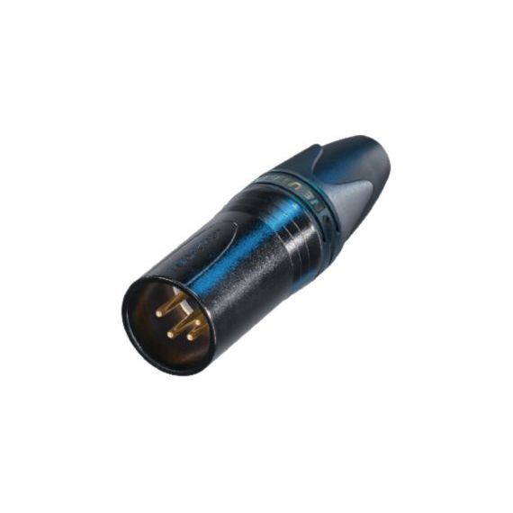 4 pole male cable connector with black metal housing and gold contacts. NENTR-NC4MXX-B Neutrik