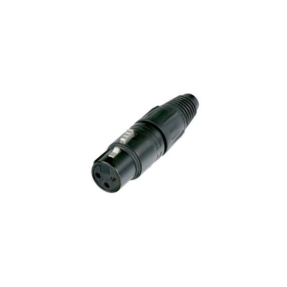 3 pole female cable connector with black metal housing and gold contacts. NENTR-NC3FXB Neutrik