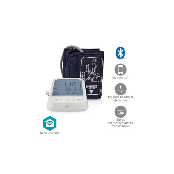 SmartLife Blood Pressure Monitor | Arm | Bluetooth | LCD Display | 22 - 42 cm | Detection for cuff wearing / Irregular heartbeat detection / Keep still indication | White NEBTHBP10WT Nedis