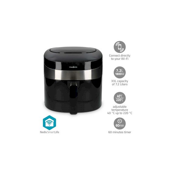 SmartLife Hot Air Fryer | Wi-Fi | 7,2 l | Timer: 60 min | Number of preset programs: 8 | Digital | Android / IOS | Black NEKAAF180BKW Nedis