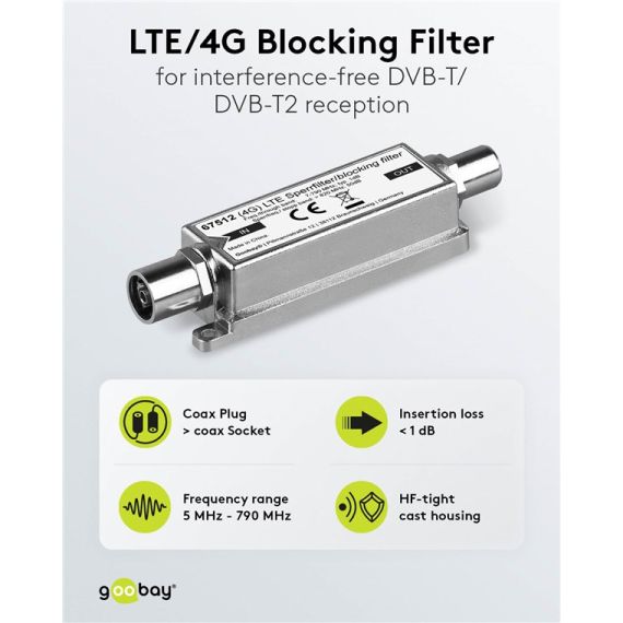 Filtro di blocco LTE/4G, spina coassiale a presa coassiale WE67512 Goobay