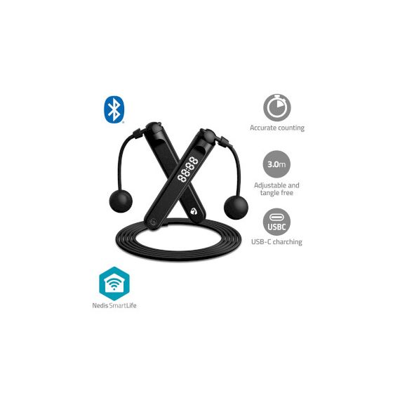 SmartLife Outdoor Sports | Jumping Rope | Bluetooth | Dual Hall sensor | LED Display | PVC | 3.00 m | Cordless balls / Drawstring Bag | Black NEBTHJR10BK Nedis