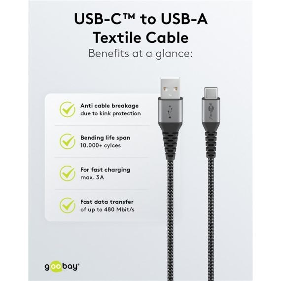 Cavo tessile da USB-C a USB-A con spine in metallo 1 m WE49296 Goobay