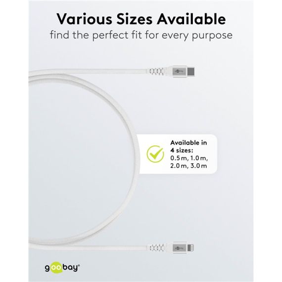 Cavo tessile Lightning a USB-C supermorbido con connettori in metallo, 3 m, bianco WE74521 Goobay