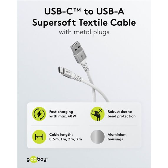 Cavo tessile USB-C a USB-A supermorbido con connettori in metallo, 0,5 m, bianco WE74529 Goobay