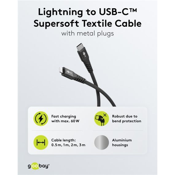 Cavo tessile Lightning a USB-C supermorbido con connettori in metallo, 3 m, nero WE74517 Goobay