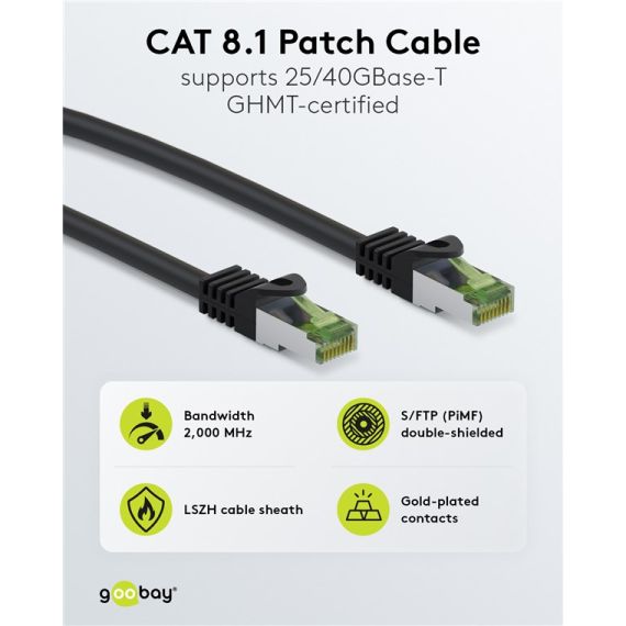 Cavo patch CAT 8.1 certificato GHMT, S/FTP (PiMF), 3 m, nero, kit di 5 WE69792 Goobay