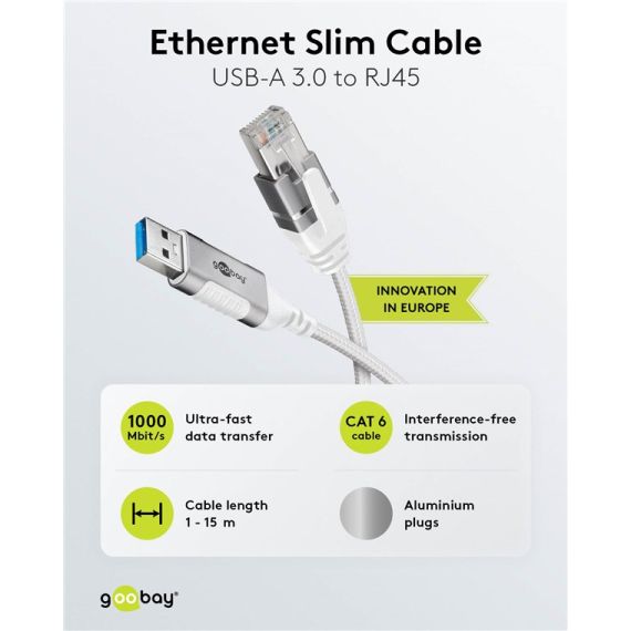 Cavo Ethernet da USB-A 3.0 a RJ45, Slim, 5 m WE74381 Goobay