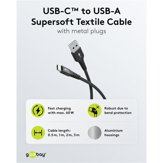 Cavo tessile USB-C a USB-A supermorbido con connettori in metallo, 1 m, nero WE74526 Goobay