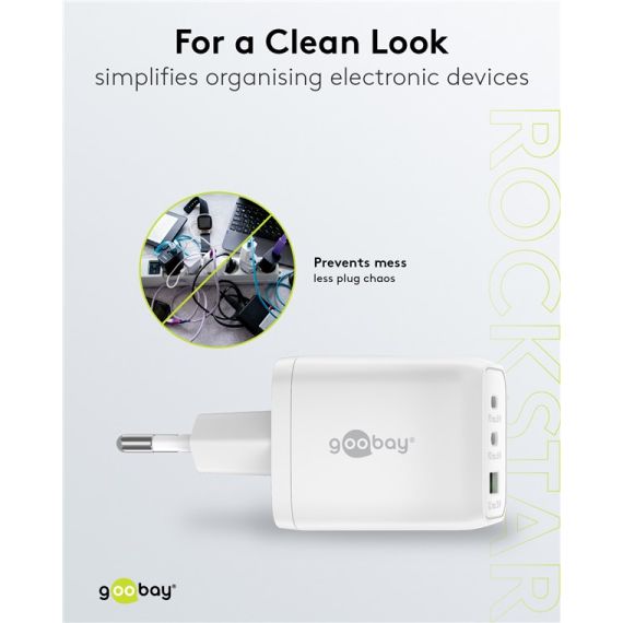 Caricatore rapido multiporta USB-C PD GaN Nano (65 W) bianco WE64754 Goobay