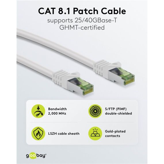 Cavo patch CAT 8.1 certificato GHMT, S/FTP (PiMF), 5 m, bianco, kit di 5 WE69780 Goobay