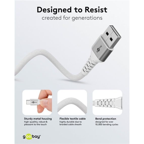 Cavo tessile USB-C a USB-A supermorbido con connettori in metallo, 2 m, bianco WE74531 Goobay
