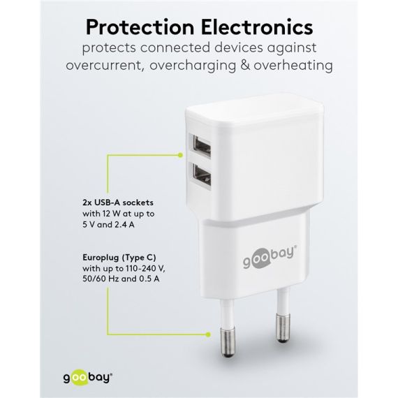Caricatore USB-A doppio (12 W) bianco WE44952 Goobay