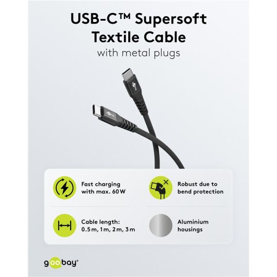Cavo tessile USB-C supermorbido con connettori in metallo, 2 m, nero WE73954 Goobay