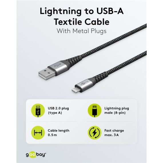 Cavo tessile Lightning a USB-A con connettori in metallo, 0,5 m WE49267 Goobay