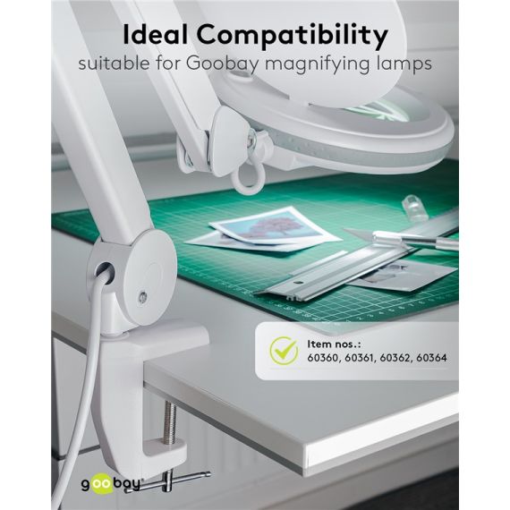 Morsetto da tavolo per lampade di ingrandimento con braccio articolato, bianco WE77460 Goobay