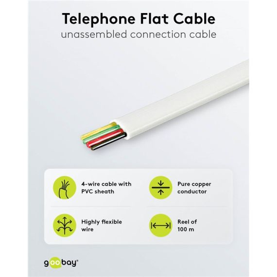 Cavo piatto telefonico 4 fili, 100 m bobina, AWG 28, CCA (alluminio rivestito di rame) WE93305 Goobay