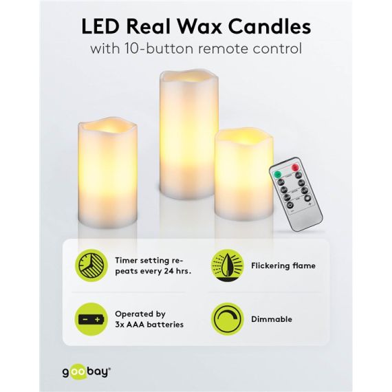 Set da 3 candele a LED in vera cera bianca WE74368 Goobay