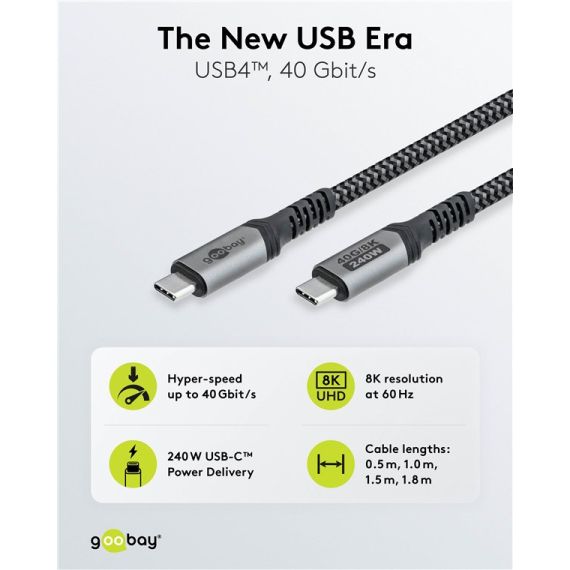 Cavo USB-C con guaina in tessuto, USB4, 240 W, 40 Gbit/s, Power Delivery, 1,8 m WE74213 Goobay