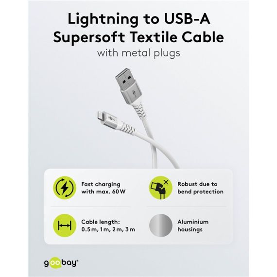 Cavo tessile Lightning a USB-A supermorbido con connettori in metallo, 0,5 m, bianco WE74510 Goobay