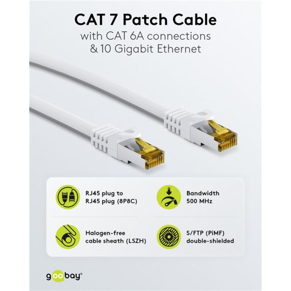 RJ45 cavo patch CAT 6A S/FTP (PiMF), 500 MHz, con cavo grezzo CAT 7, 1 m, bianco, kit di 10 WE69448 Goobay