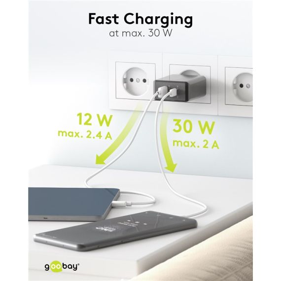 Caricatore rapido doppio USB-C PD (30 W) nero WE61673 Goobay