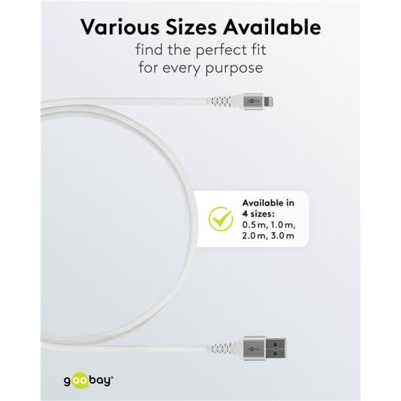Cavo tessile Lightning a USB-A supermorbido con connettori in metallo, 0,5 m, bianco WE74510 Goobay