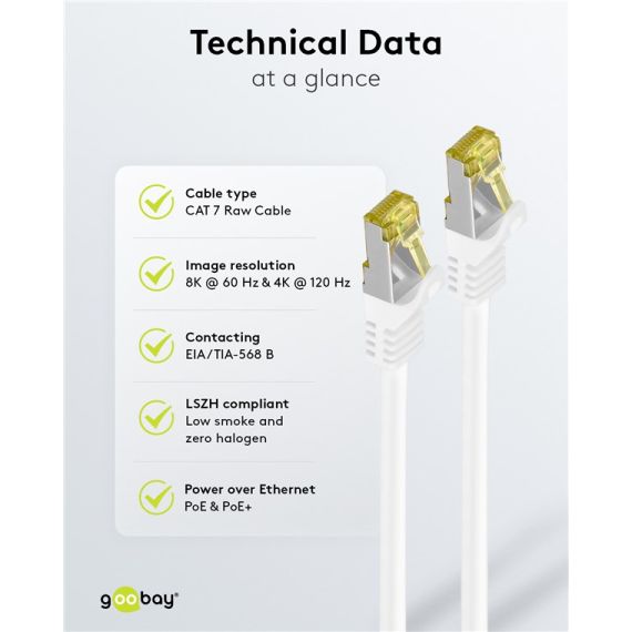 RJ45 cavo patch CAT 6A S/FTP (PiMF), 500 MHz, con cavo grezzo CAT 7 , bianco WE91099 Goobay
