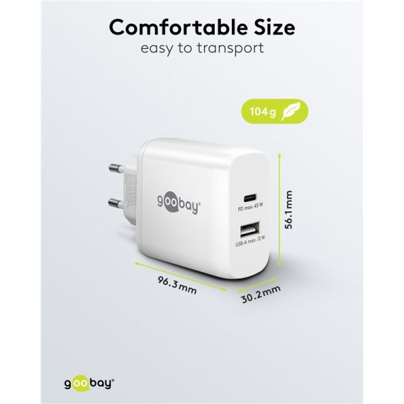 Caricatore rapido doppio USB-C PD GaN (45 W) bianco WE65412 Goobay
