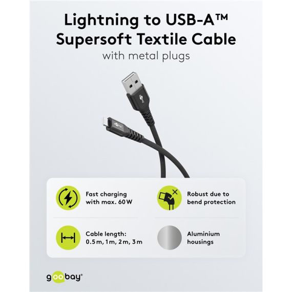 Cavo tessile Lightning a USB-A supermorbido con connettori in metallo, 2 m, nero WE74504 Goobay