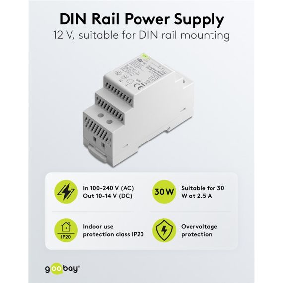 Alimentatore per guida DIN 12VCC 2,5A 30W F1085 Goobay