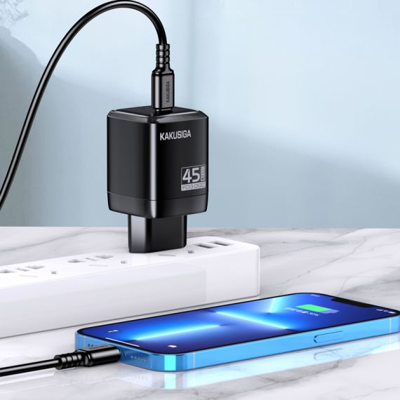 Caricatore doppia porta USB-C PD 45W nero ricarica rapida KSC-1604 F4605 Kakusiga