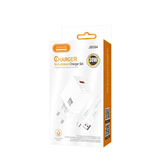 Caricabatterie ricarica rapida USB-A 30W con cavo USB-A - USB-C 1m bianco JB094 F4780 Jokade