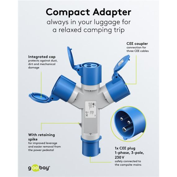 Adattatore CEE blu da campeggio con spina 16A e 3 prese CEE 230V IP44 F1084 Goobay