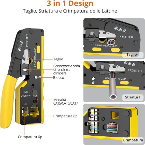 Pinza crimpatrice RJ45 pass through CAT5 CAT6 CAT6A CAT7 gialla Z959 